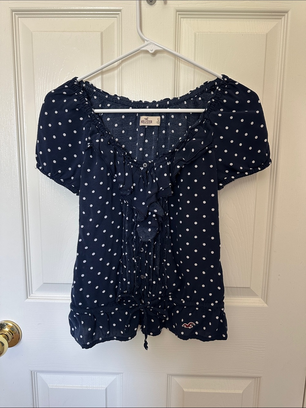 Hollister Navy and White Polka Dot Ruffle Top
